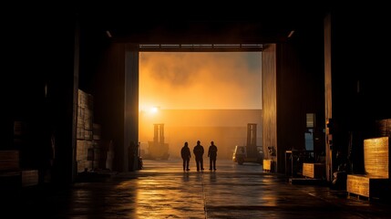 Silhouetted Workers in Warehouse at Sunset, Forklifts and Pallets, Dramatic Lighting, Industrial Scene, Teamwork, Logistics, and Supply Chain