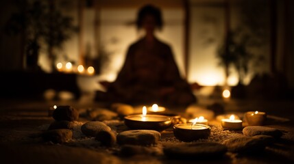 Serene Meditation Scene with Person in Lotus Position, Candles, Stones, and Salt for Spiritual Practice and Relaxation