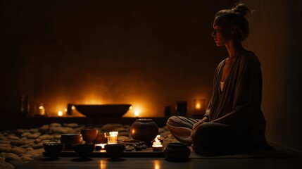 Serene Woman Meditating in Candlelit Room, Practicing Mindfulness and Relaxation, Seeking Inner Peace and Spiritual Wellness in Tranquil Ambience