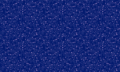 Seamless pattern with delicate abstract floral stems and small leaves on a deep navy blue background. Soft details create an elegant, sophisticated look, perfect designs, print for textiles