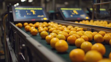 Fresh Oranges on Conveyor Belt at Fruit Processing Plant with Quality Control Monitors, Automated Sorting and Packaging System