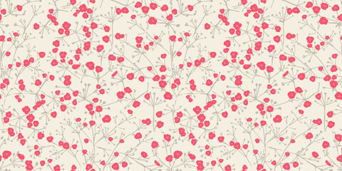 Summer or spring seamless floral pattern featuring tiny flowers with branches on a light background. Florals stems ornament print. Perfect for textiles, wrapping paper,  and cheerful creative design