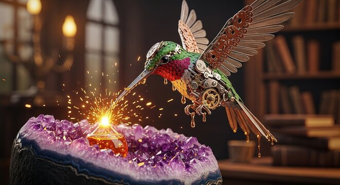 Hummingbird drinks nectar from amethyst geode in a room with books.