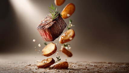 Saftiges, gegrilltes Steak mit goldenen Kartoffeln und spritzenden Gew&uuml;rzen in appetitlicher Inszenierung