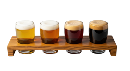 A beer tasting flight featuring four clear glasses of Pilsner, IPA, Porter, Stout, on dark oak paddle, transparent studio background, no shadows, commercial product photography concept