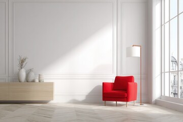 White room with red chair and light