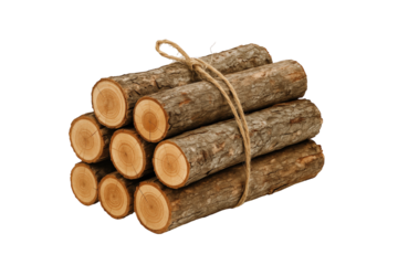 Stack of Natural Wooden Logs Tied Together with Twine, Showcasing Rustic Texture and Tree Ring Details