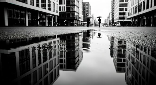 Person with umbrella walks on wet street reflecting buildings in black and white.