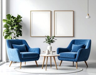 Minimalist living room with two blue armchairs, a small round table, and two blank frames