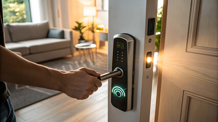 Person opening door with smart lock and sunlight door handle