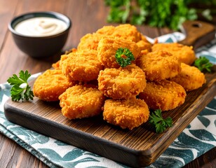 Warm chicken nuggets on a rustic wooden chopping board, with mayonase sauce