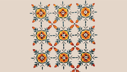 Floral pattern with yellow and orange flowers and green leaves arranged in a symmetrical grid design
