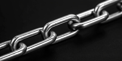 Fototapeta premium Closeup of Metal Chain Links on Black Background – Metal, Steel, Industrial, Strong, Heavy, Link, Closeup, Durable, Macro, Strength, Background