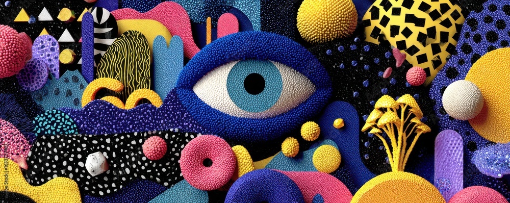 Poster abstract colorful design with a central eye motif and textured elements