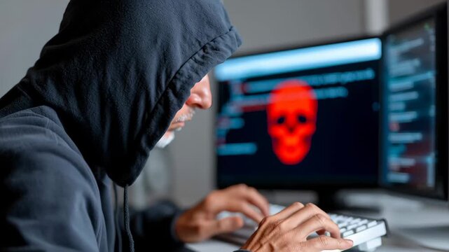 Male hacker in dark hoodie focused on computer screen displaying red skull graphic, surrounded by multiple monitors, illustrating cybersecurity threats and the digital underworld atmosphere