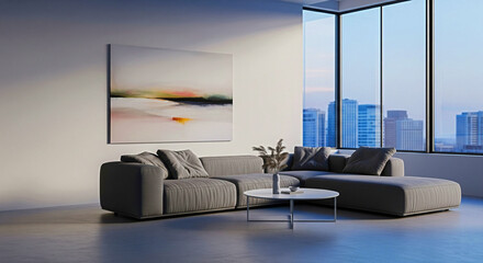 Modern living room oasis with abstract art and stunning city skyline views at dusk