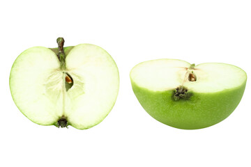 Green apple halves. Fresh fruit close-up. Isolation on transparent background.