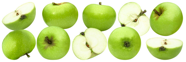 Assortment of green apples, whole and sliced, with a transparent background. Varieties of green apples: whole and halves.
