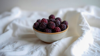 Small Ceramic Bowl Filled with Mulberries on White Tablecloth &ndash; Minimalist Styling