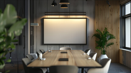 Meeting room in a coworking space with whiteboard and video call screen 