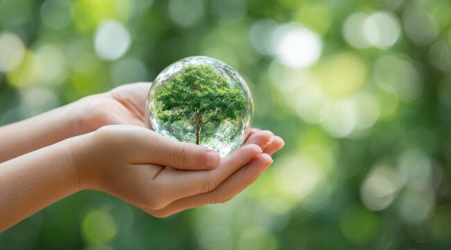 Small hands hold a crystal orb, a miniature tree inside