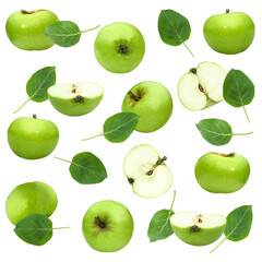 Fresh green apples with leaves. Isolated on transparent background.