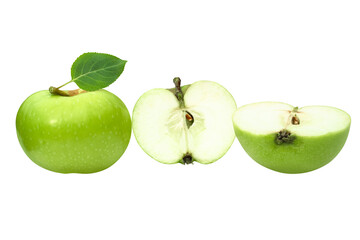 Green apples, whole and sliced, with transparent background.