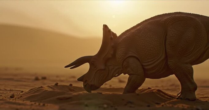 Protoceratops Nesting in Desert as Sandstorm Approaches &ndash; Cretaceous Dinosaur Scene with Dramatic Prehistoric Atmosphere

