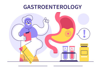Stomach Health Gastroenterology Vector Illustration Featuring Abdominal Pain and Medical Research for Healthcare in a Flat Style Cartoon Background