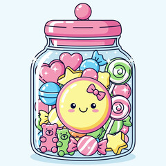 Kawaii candy jar with happy sweets characters