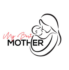 A touching and elegant typography design featuring the phrase “My Best Mother” with a graceful illustration of a mother tenderly holding her child. The minimal black line art 