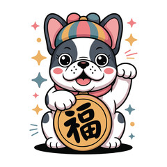 French bulldog maneki neko with colorful beanie hat holding lucky gold coin for fortune vector illustration design.