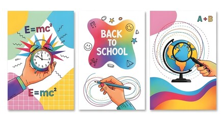 Three illustration panels for education: alarm clock, back to school text, and globe with magnifying glass. Learning concept.