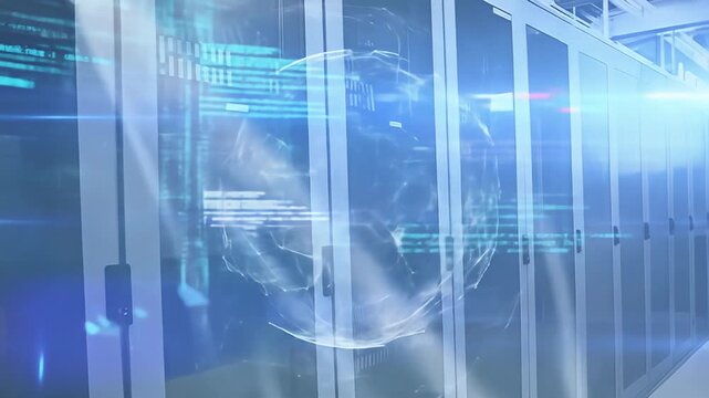 Row of server racks with a data sphere, code, and lens flares overlayed in cool tones