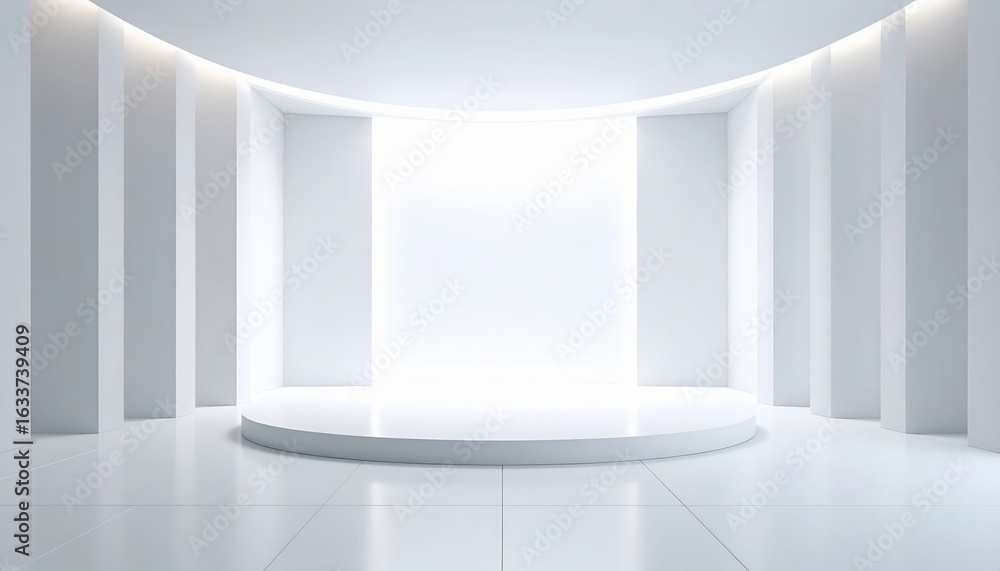 Poster showcase event in minimalist studio white background photography setup modern environment wide view 