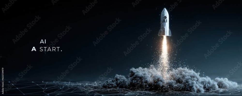 Poster rocket launch representing an ai-powered start and technological advancements
