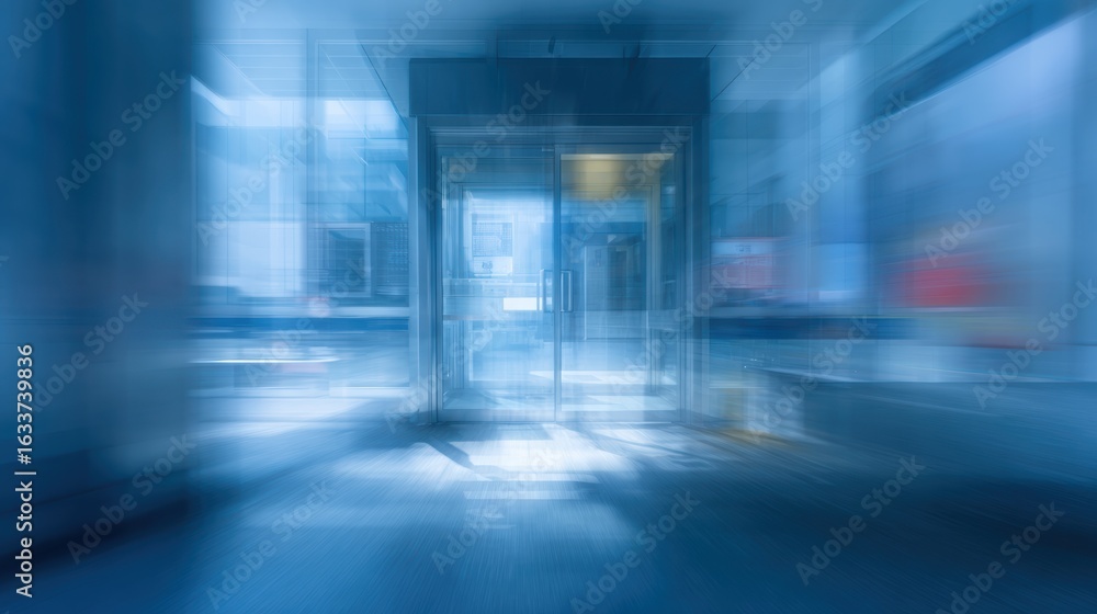 Poster a blurred image capturing the essence of modern architecture and design in soft blue tones.