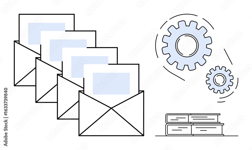 Poster open envelopes with message papers, floating gears, and stacked books symbolizing email automation, 