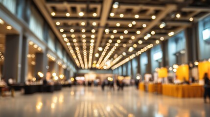 A blurred image of a busy exhibition hall filled with bright lights and stands, capturing the energy of a trade show.