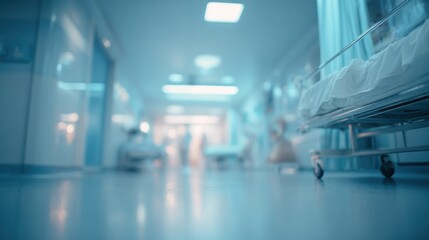 Obraz premium A blurred perspective of an empty hospital corridor emphasizing cleanliness and medical environment.