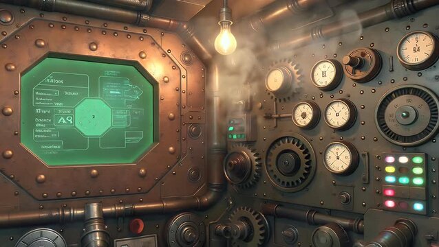 Steampunk Control Room: Intricate Gauges, Pipes, and Retro Technology
