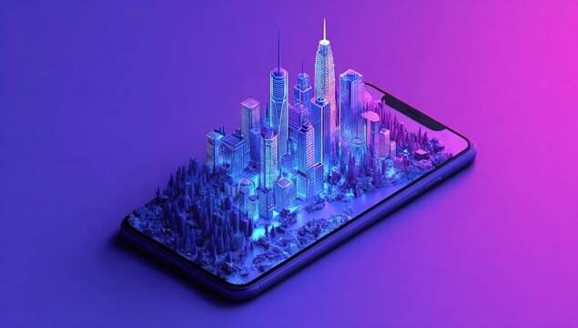 A digital cityscape emerging from an Phone, representing the power of technology in urban development.