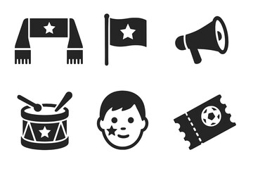 Soccer Fan Gear Icons Set. Solid filled vector illustration of supporter scarf, flag, megaphone, drum, face paint, and match ticket. Football supporter accessories. Game day fan essentials