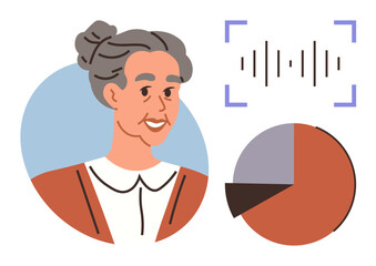 Elderly woman smiling, accompanied by sound wave visualization and a pie chart element. Ideal for technology, data, communication, aging, analytics, health, education concepts in a simple flat