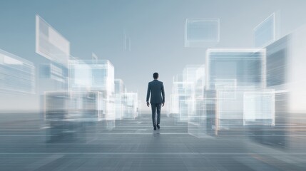 A businessman walks confidently through a digitally enhanced landscape, symbolizing innovation and future possibilities.
