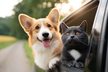Summer travel concept with Pembroke Welsh Corgi and British Shorthair cat leaning from car window, enjoying sunny countryside road trip, happy pet lifestyle and adventure theme, Selective Focus
