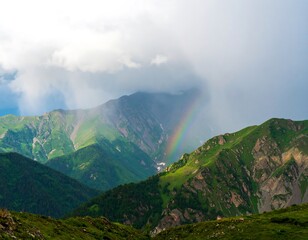 Rainbow over mountain peaks