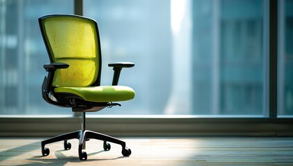 A green office chair with a black frame and lime yellow mesh backrest stands in the center of an empty glass room.