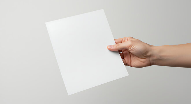 Hand holding a blank white paper sheet for a mockup. A clean template for a flyer, resume, or document presentation on a neutral background.