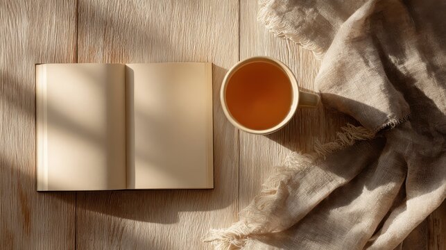 Minimalist workspace with open notebook, cup of tea and burlap on wooden surface for lifestyle, stationery and wellness promotion